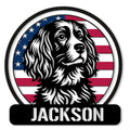 Custom Boykin Spaniel metal sign featuring a black-and-white spaniel portrait over an American flag