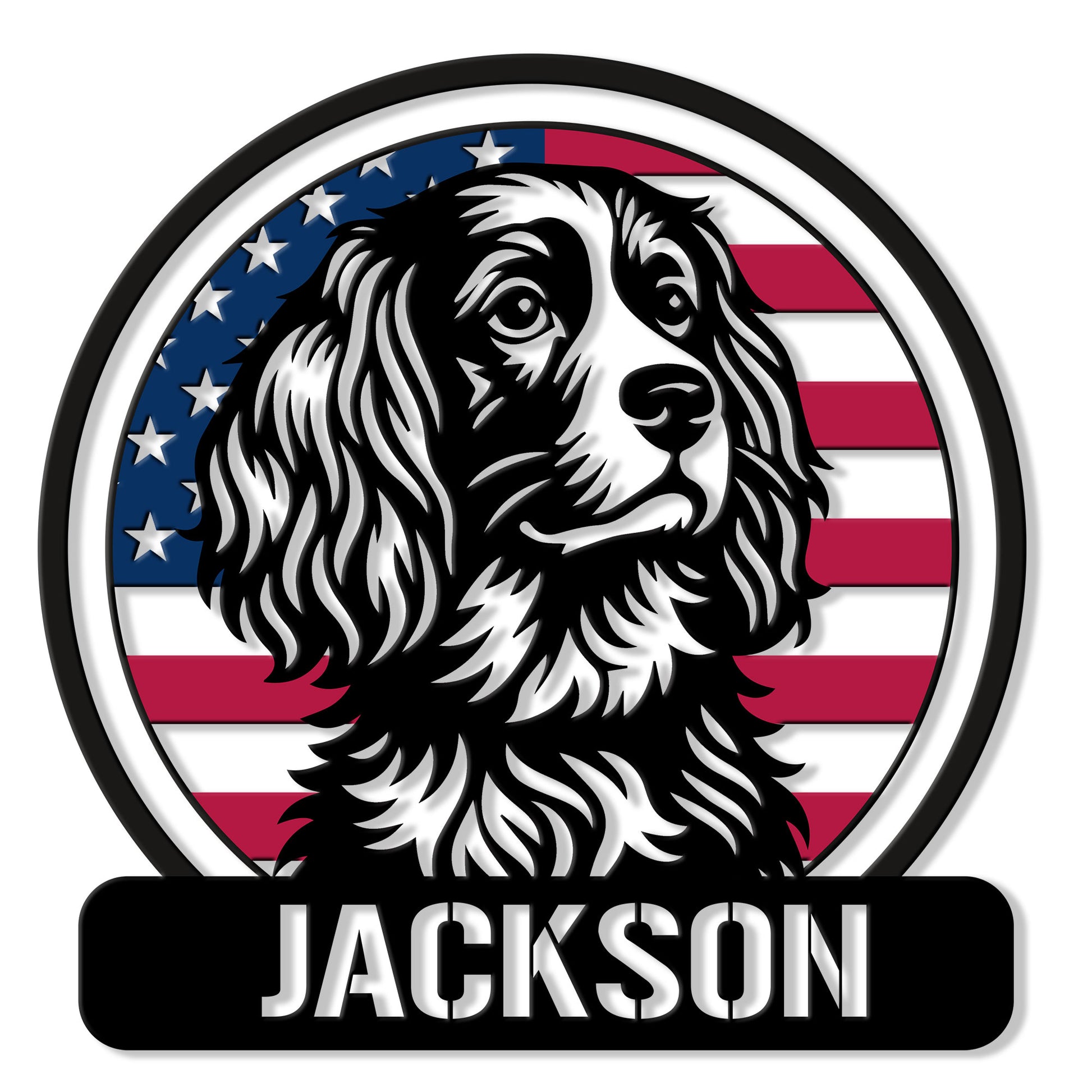 Custom Boykin Spaniel metal sign featuring a black-and-white spaniel portrait over an American flag