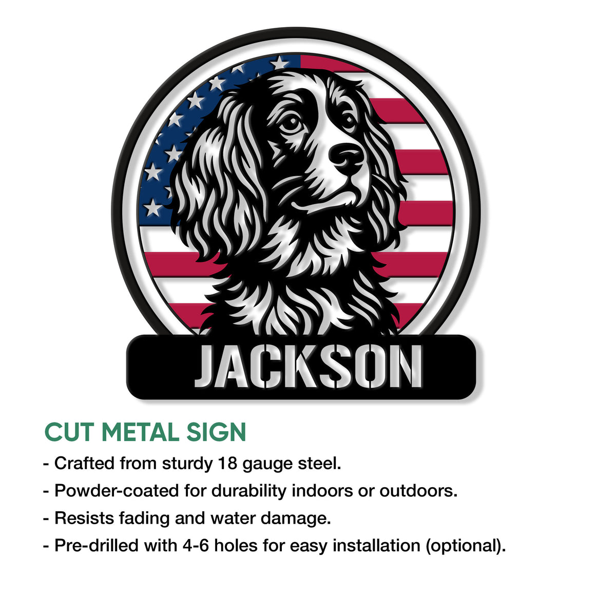 Boykin Spaniel metal sign feature graphic showing the circular dog portrait and cut metal sign design