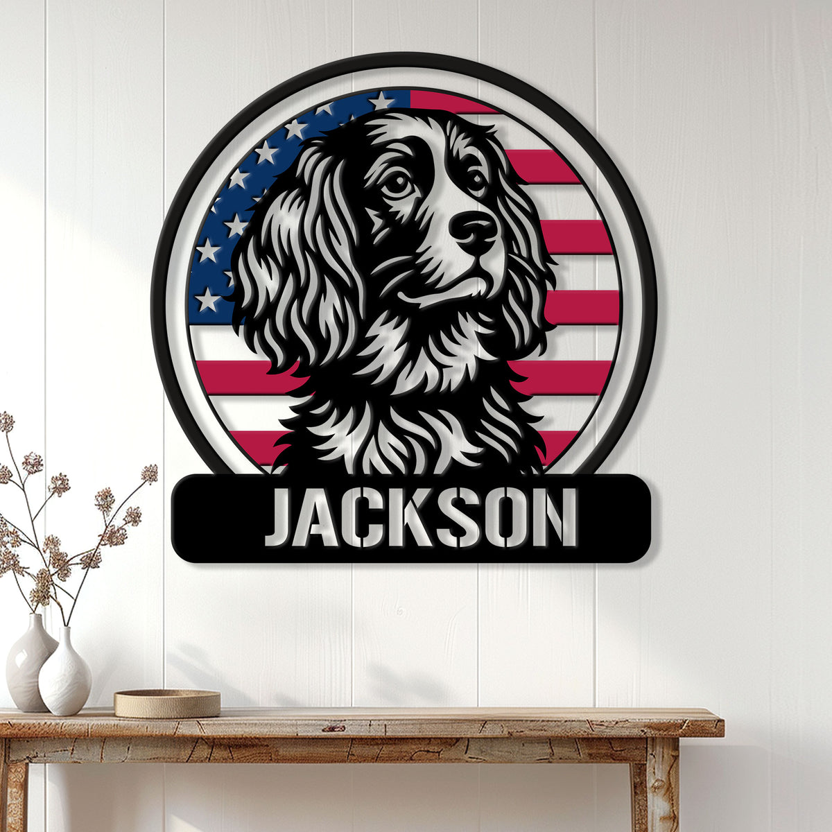 Boykin Spaniel wall sign displayed above a console table in a bright farmhouse-style interior