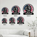 Boykin Spaniel metal sign size guide showing multiple available sizes displayed on a living room wall