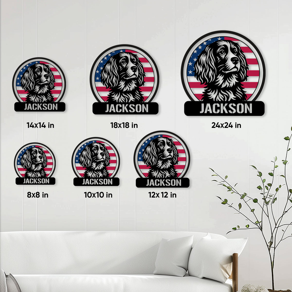 Boykin Spaniel metal sign size guide showing multiple available sizes displayed on a living room wall