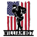 Custom football metal sign featuring a running American football player silhouette over a distressed flag design