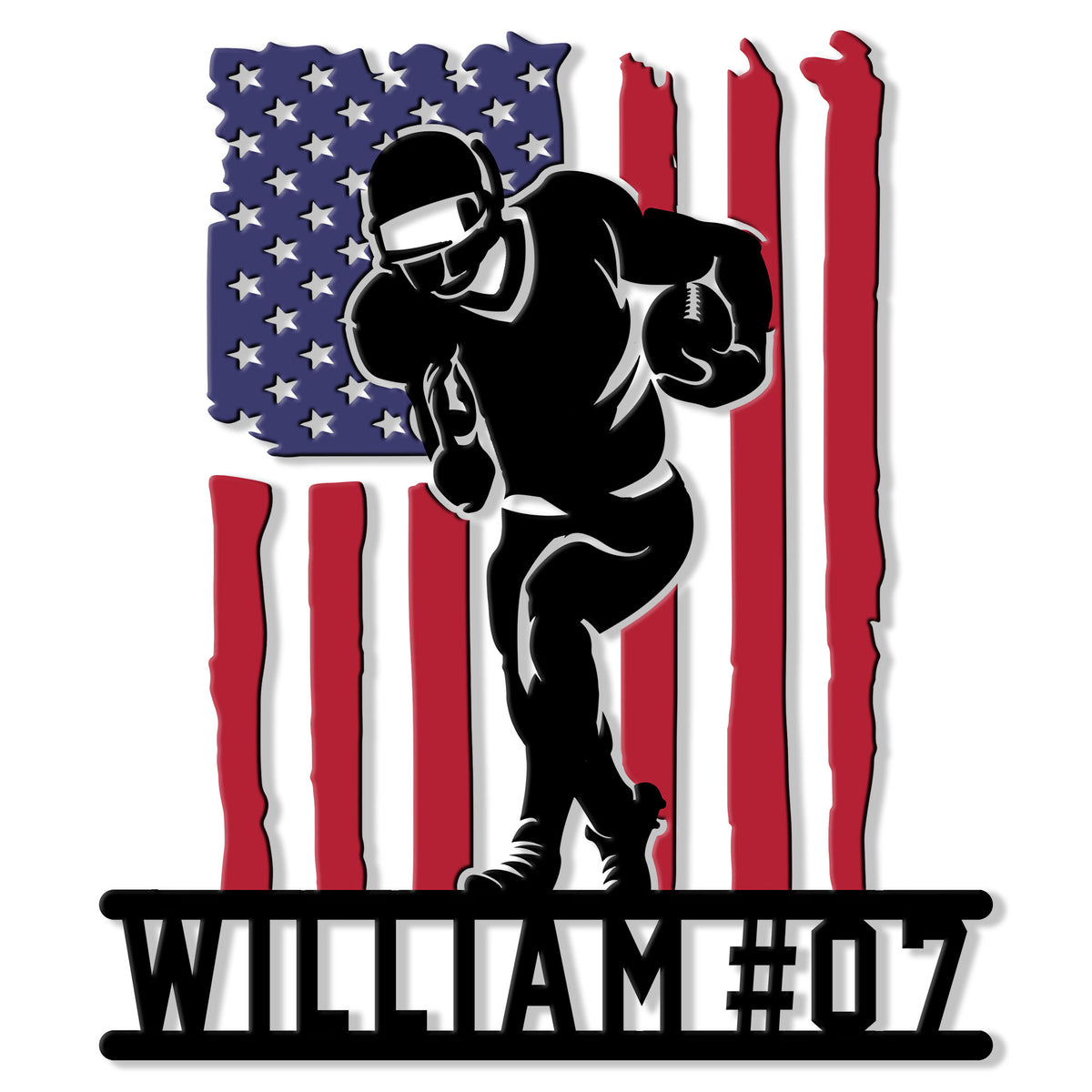 Custom football metal sign featuring a running American football player silhouette over a distressed flag design