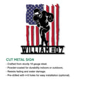 Football wall sign product graphic showing the patriotic player design and cut metal sign features