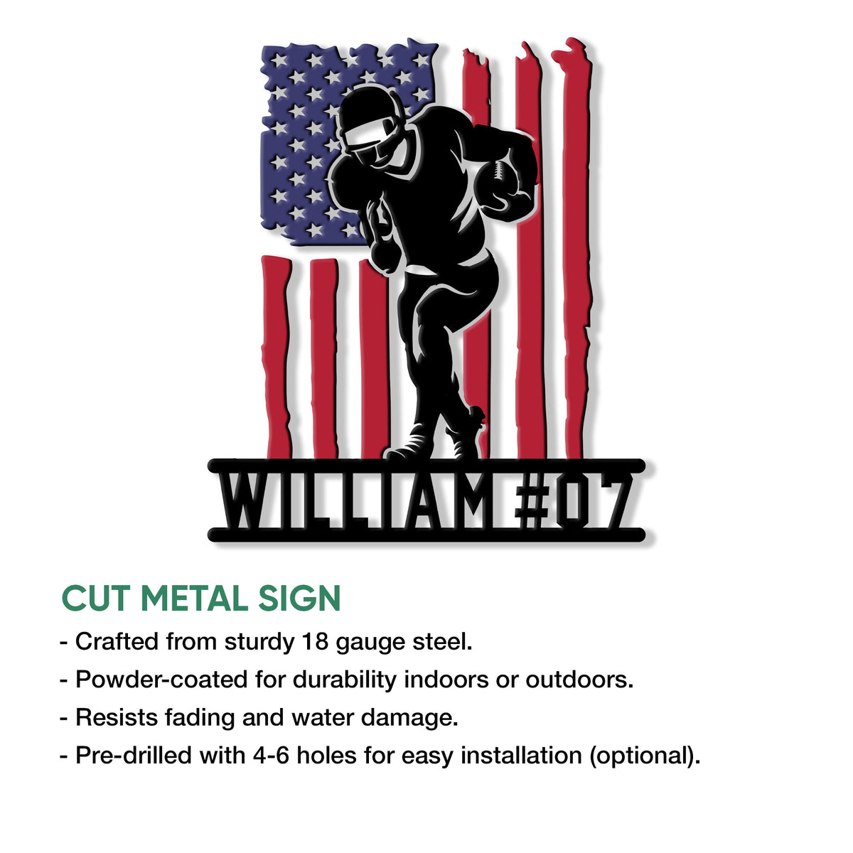 Football wall sign product graphic showing the patriotic player design and cut metal sign features