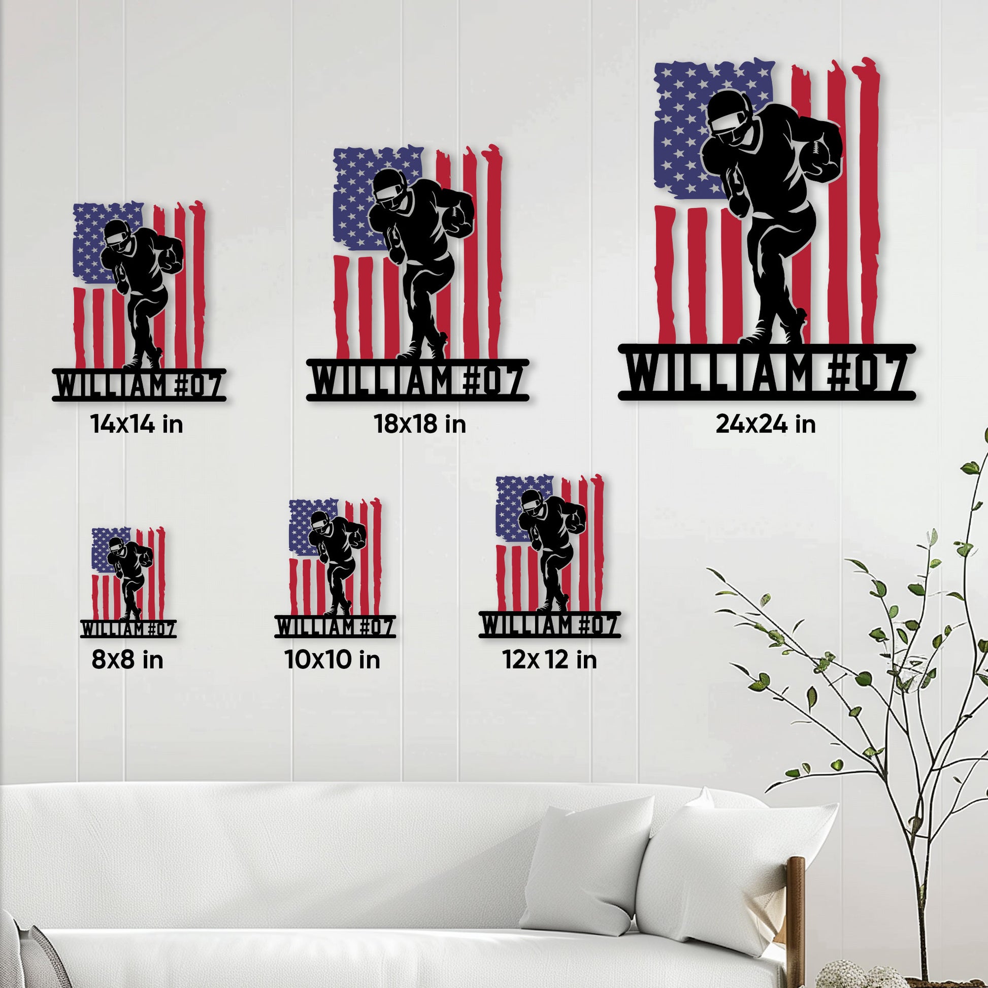 Football metal sign size guide showing display options from 8 by 8 inches to 24 by 24 inches