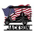 Custom golf cart metal sign with a patriotic American flag design and bold silhouette artwork