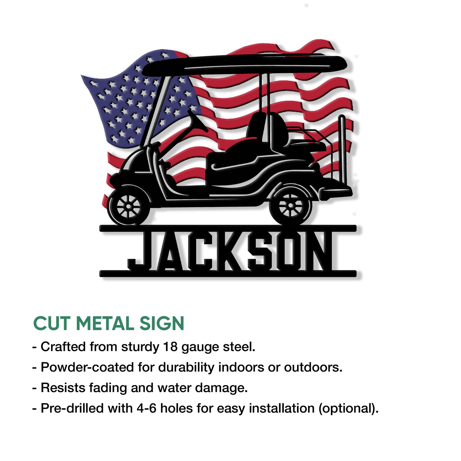 Golf cart metal sign feature graphic showing the patriotic design and cut metal sign presentation