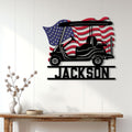 Patriotic golf cart wall sign displayed above a console table in a bright home entryway
