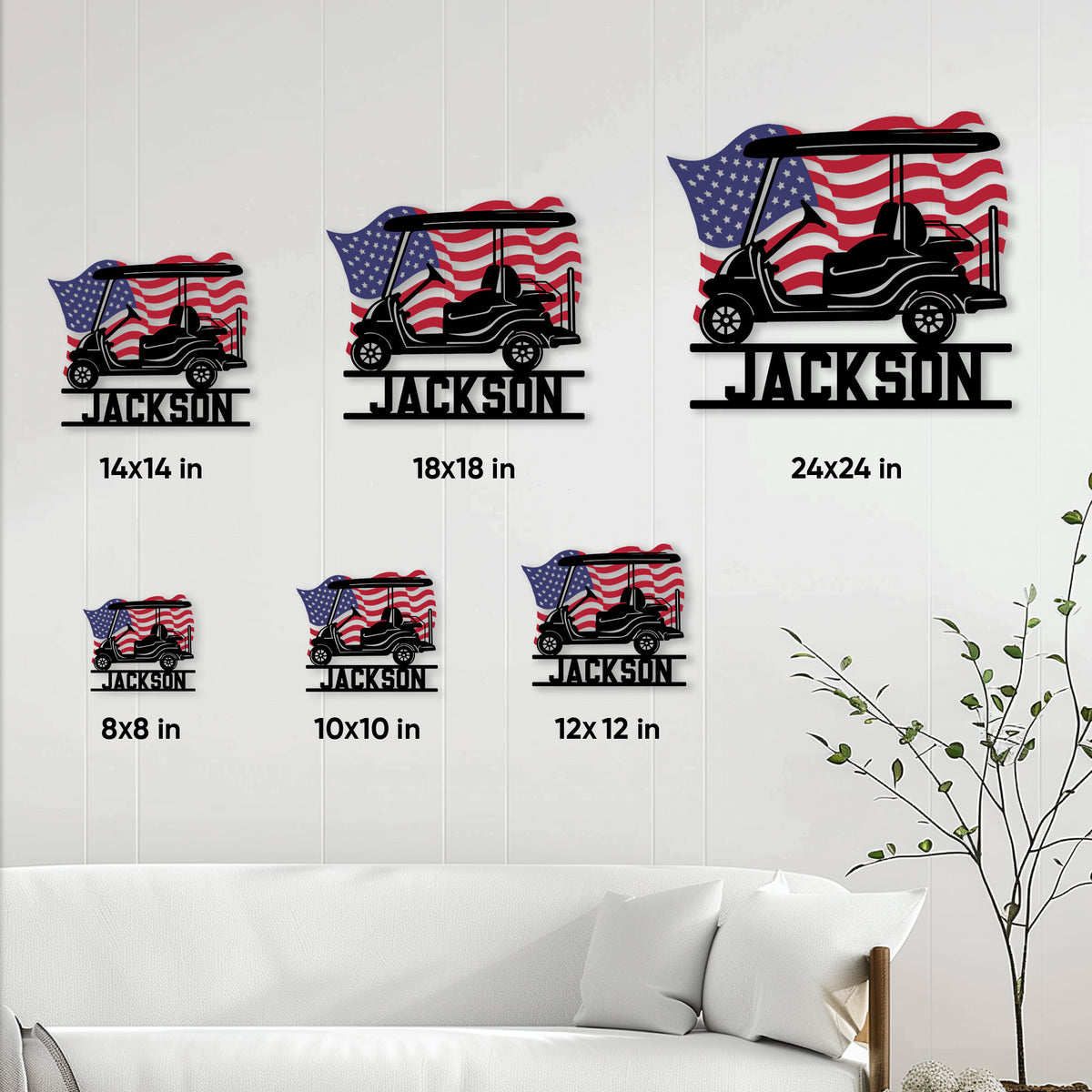 Golf cart metal sign size guide showing available square dimensions from 8x8 to 24x24 inches