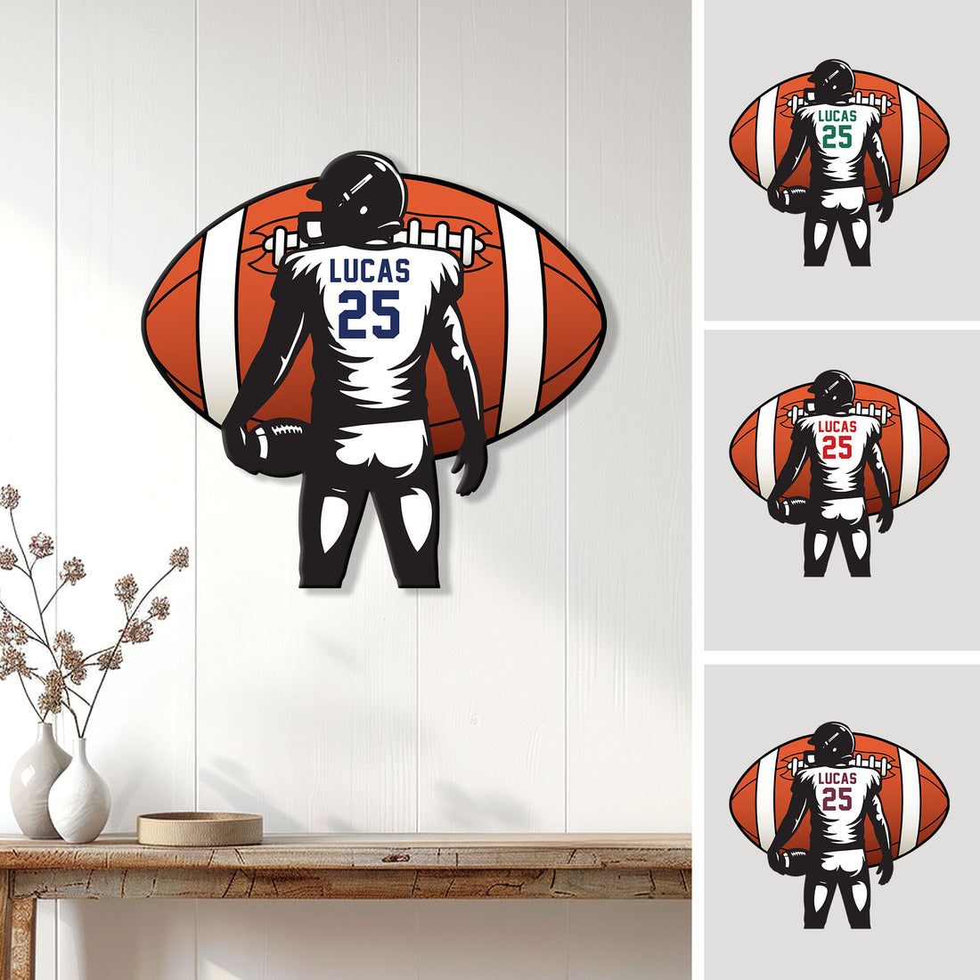 Football metal sign displayed as wall decor, featuring a helmeted player silhouette in front of a large football