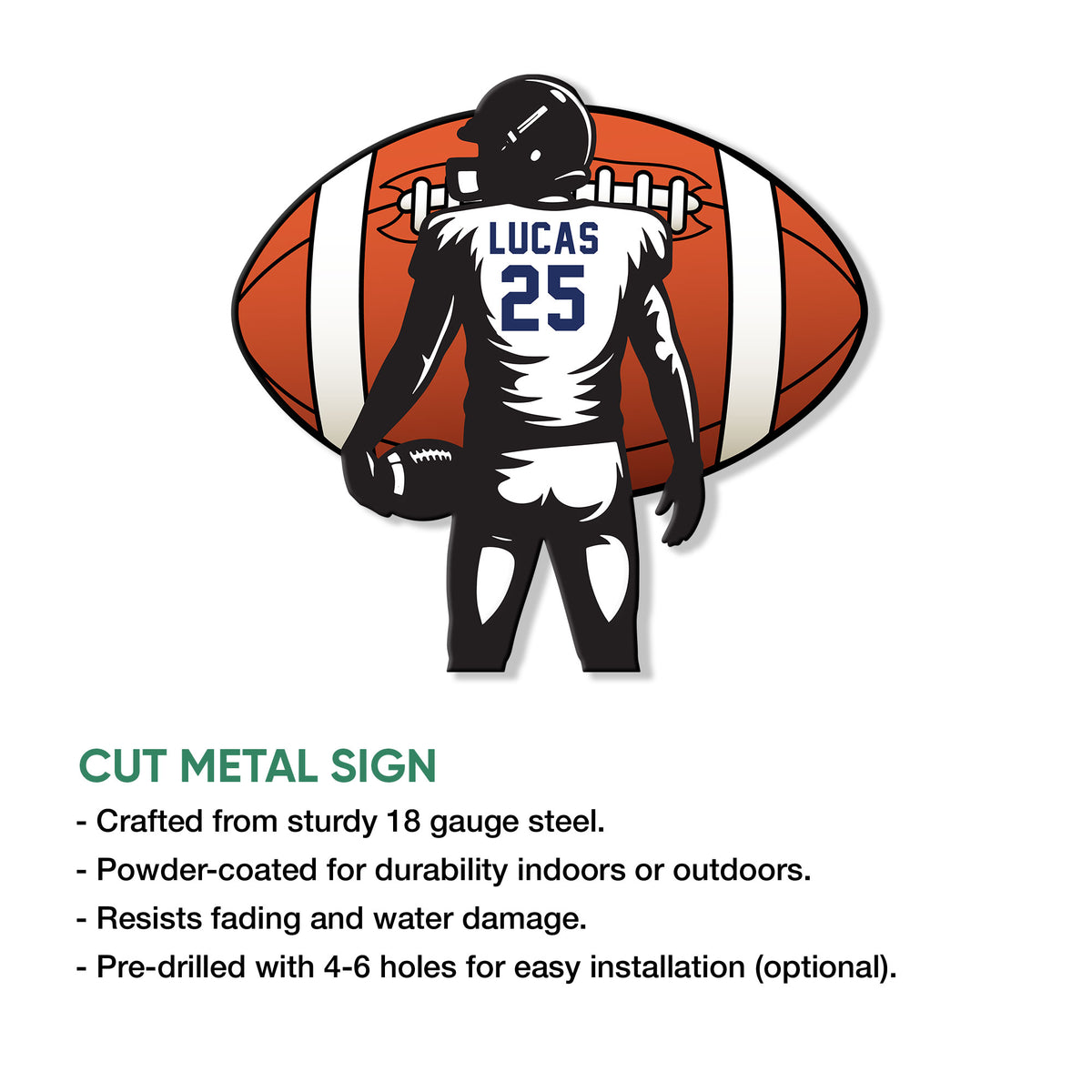 Football player metal sign shown in a product feature graphic with a bold full-color football design