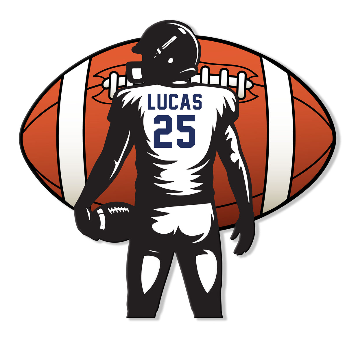 Close-up football wall sign featuring a helmeted player holding a football against an oversized football backdrop