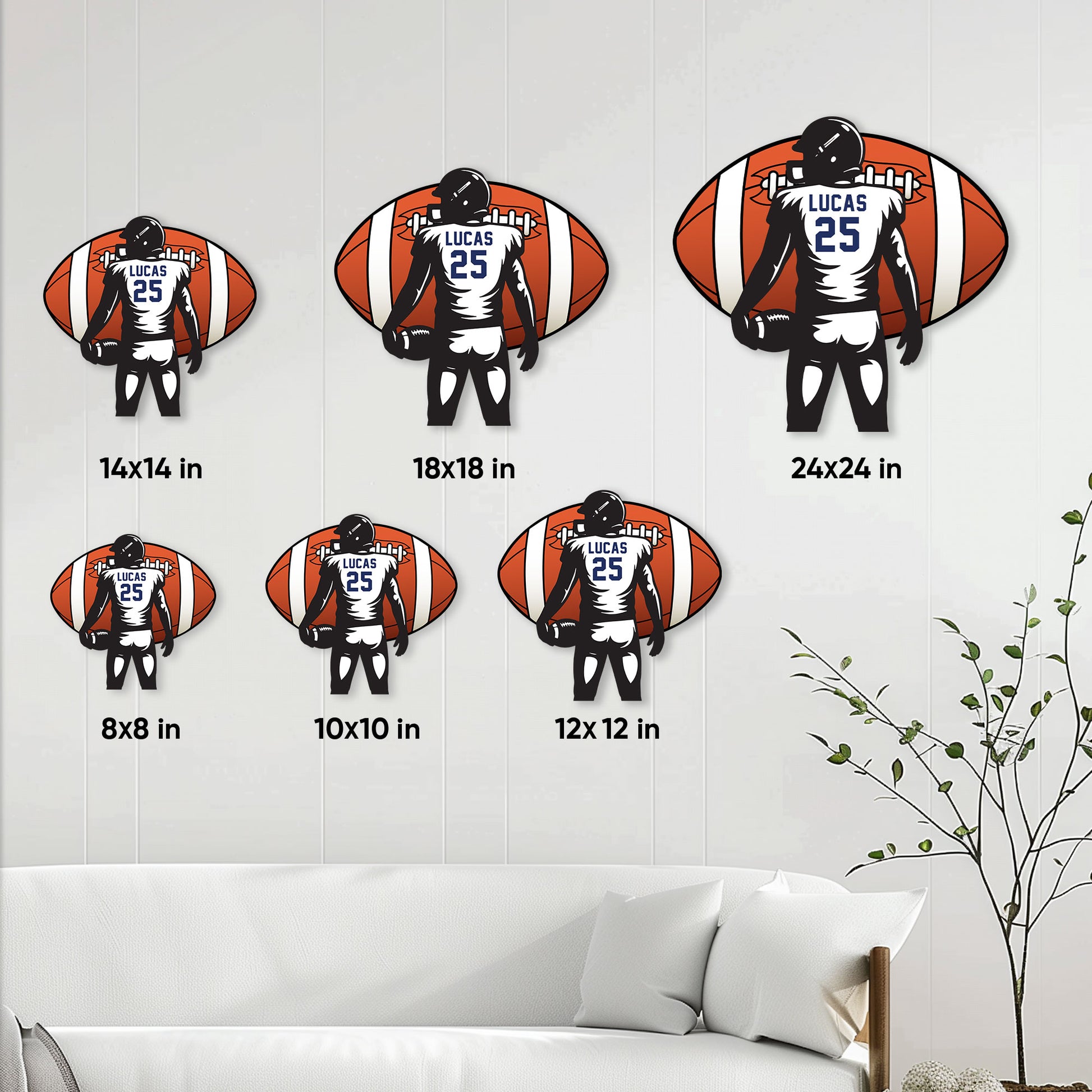 Football metal sign size guide showing available square sizes from 8 by 8 inches to 24 by 24 inches