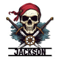 Pirate skull metal sign with crossed swords, compass, and red bandana in a bold nautical design