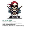 Pirate skull metal sign feature graphic highlighting its cut-metal construction and versatile display use
