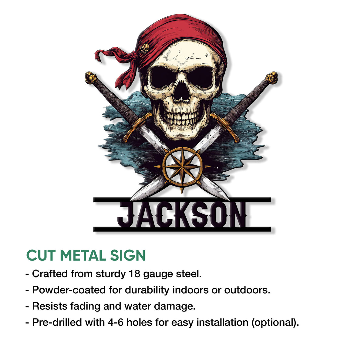 Pirate skull metal sign feature graphic highlighting its cut-metal construction and versatile display use