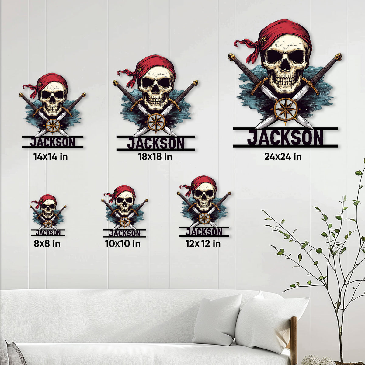 Pirate skull metal sign size guide showing available square sizes from 8 by 8 to 24 by 24 inches