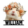 Floral hamster metal sign featuring a close-up cream and orange pet portrait surrounded by peach and white flowers