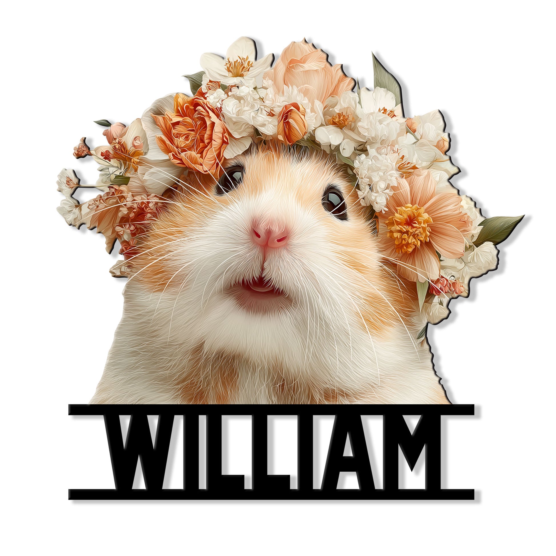 Floral hamster metal sign featuring a close-up cream and orange pet portrait surrounded by peach and white flowers