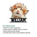 Hamster flower portrait metal sign shown with a product feature graphic for indoor or outdoor wall display