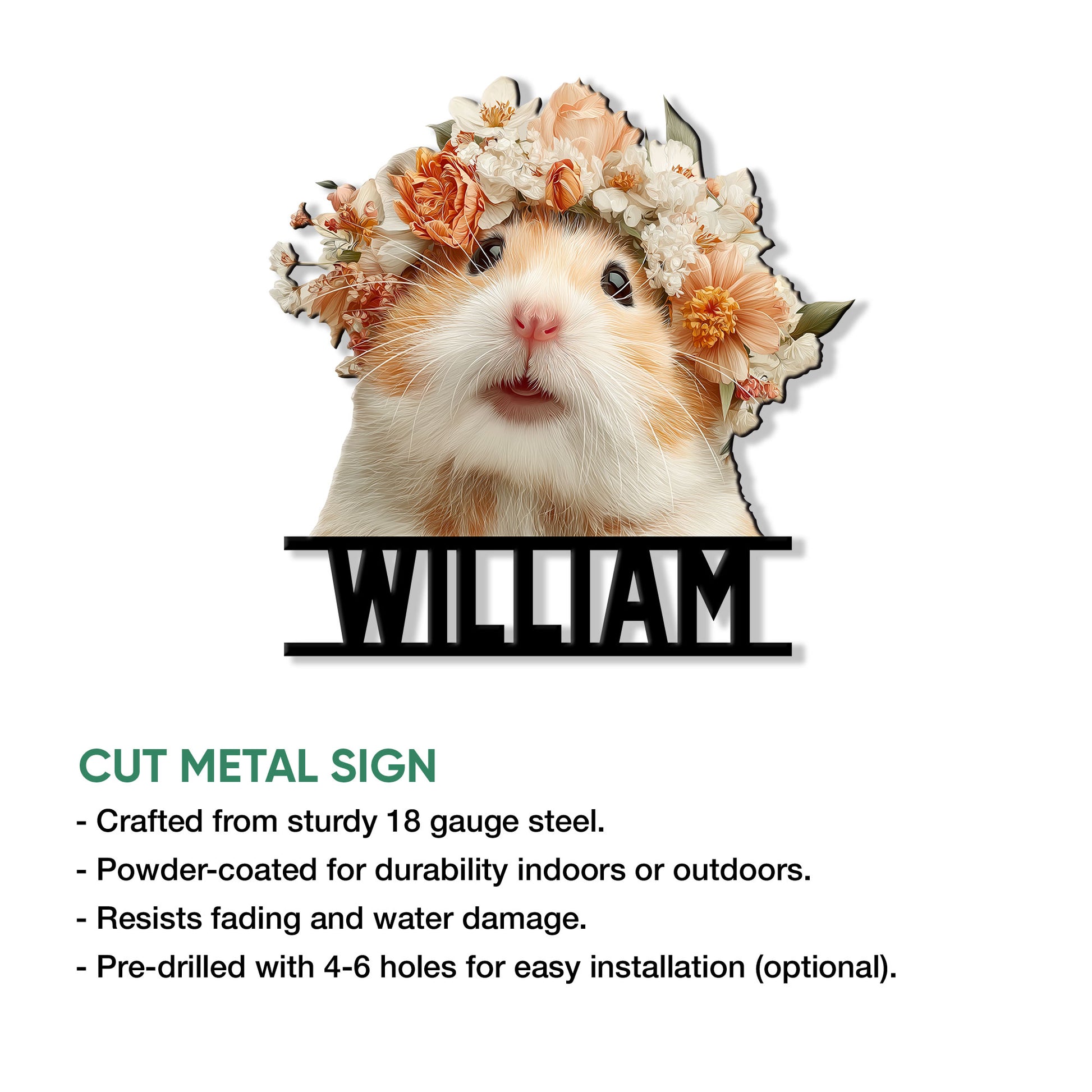 Hamster flower portrait metal sign shown with a product feature graphic for indoor or outdoor wall display