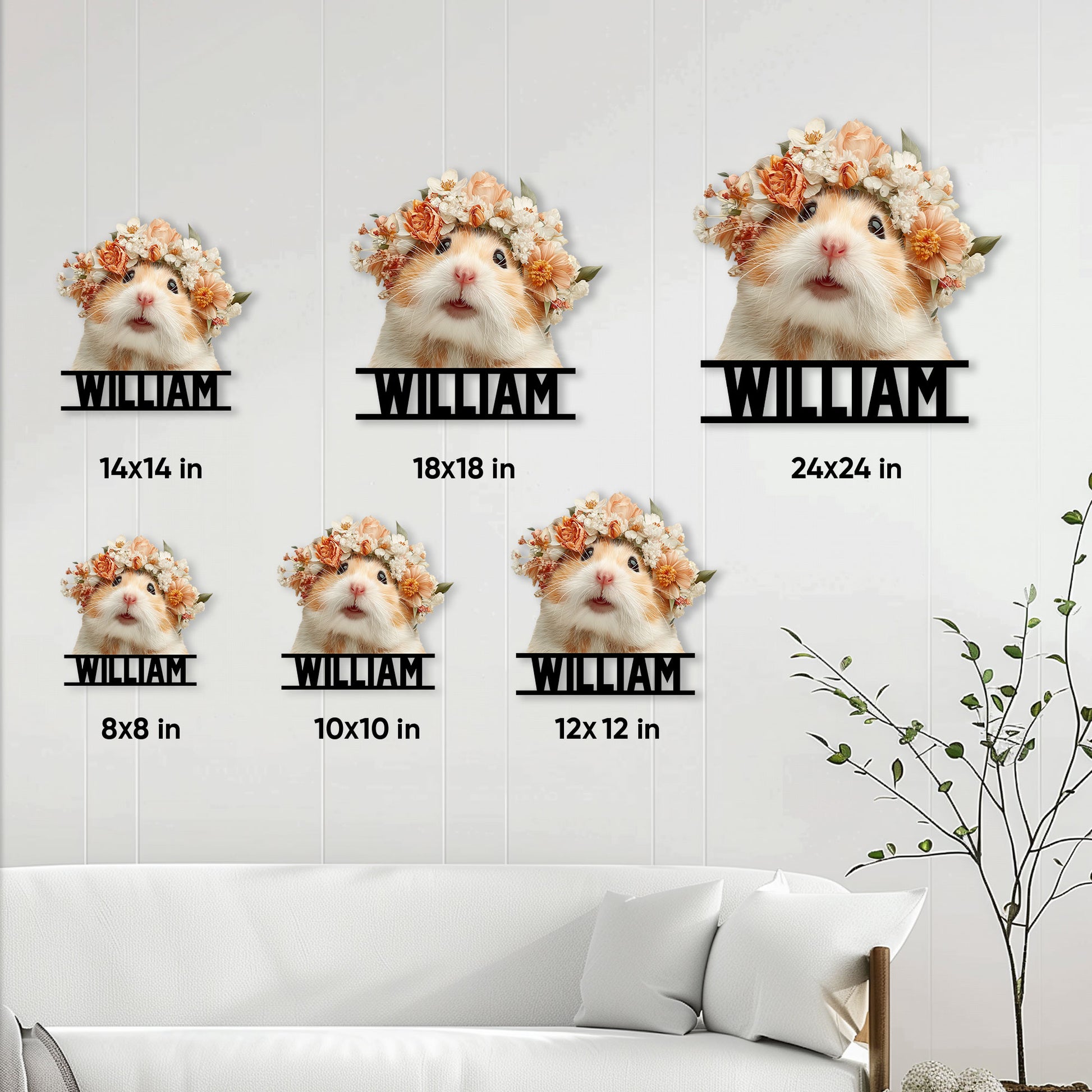 Hamster wall sign size guide showing six available square dimensions from 8 by 8 to 24 by 24 inches