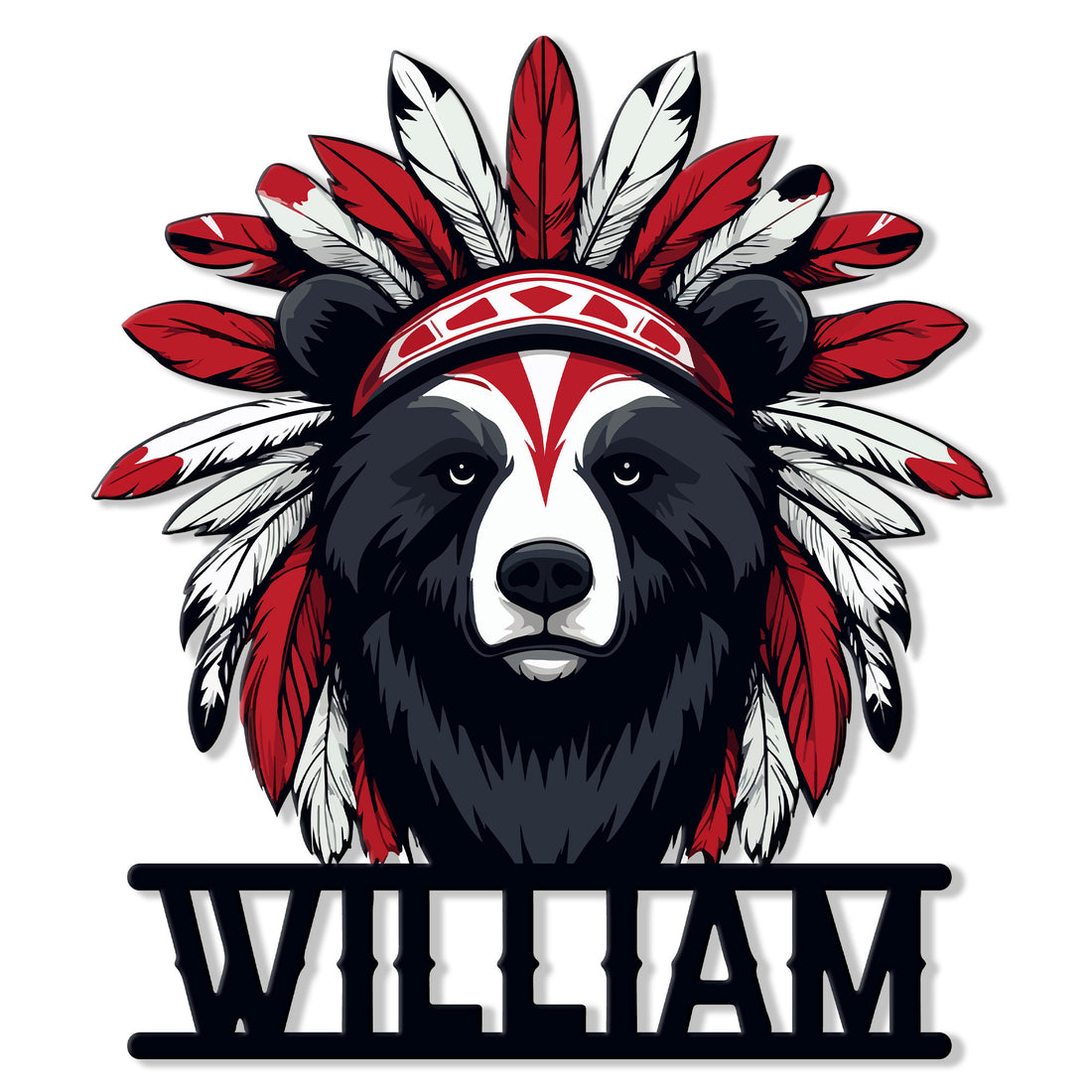 Native-inspired bear metal sign featuring a bold black bear with a red and white feather headdress