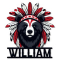 Native-inspired bear metal sign featuring a bold black bear with a red and white feather headdress
