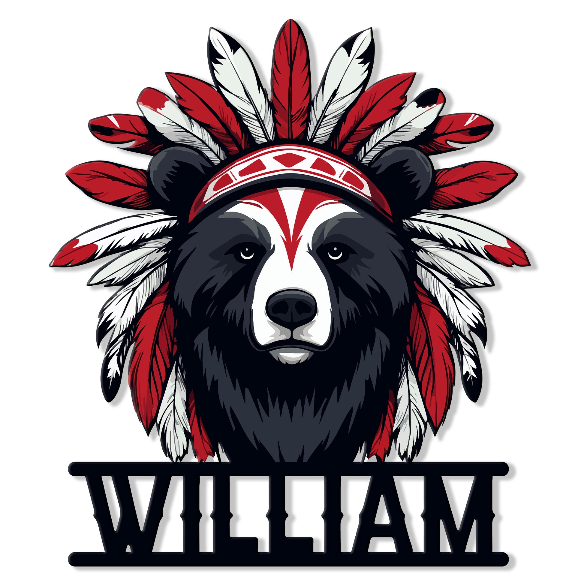 Native-inspired bear metal sign featuring a bold black bear with a red and white feather headdress