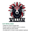 Close product view of a Native-inspired bear cut metal sign with a feather headdress design