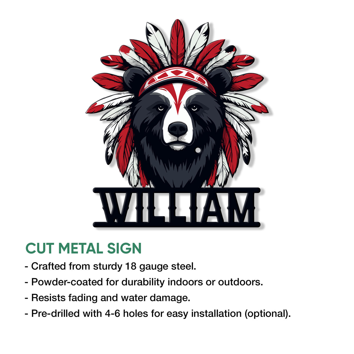 Close product view of a Native-inspired bear cut metal sign with a feather headdress design