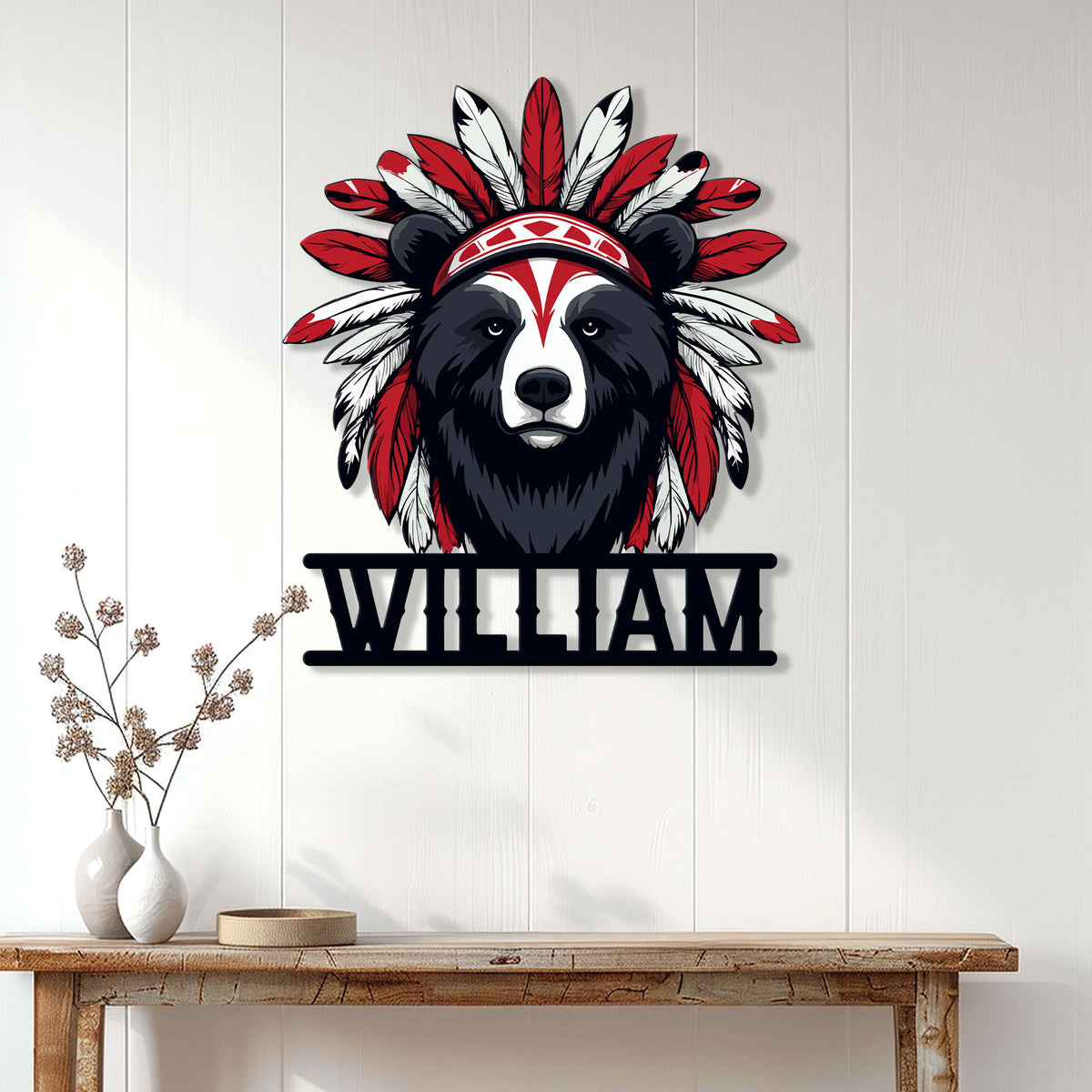 Native-inspired bear wall sign displayed above a console table in a bright home interior