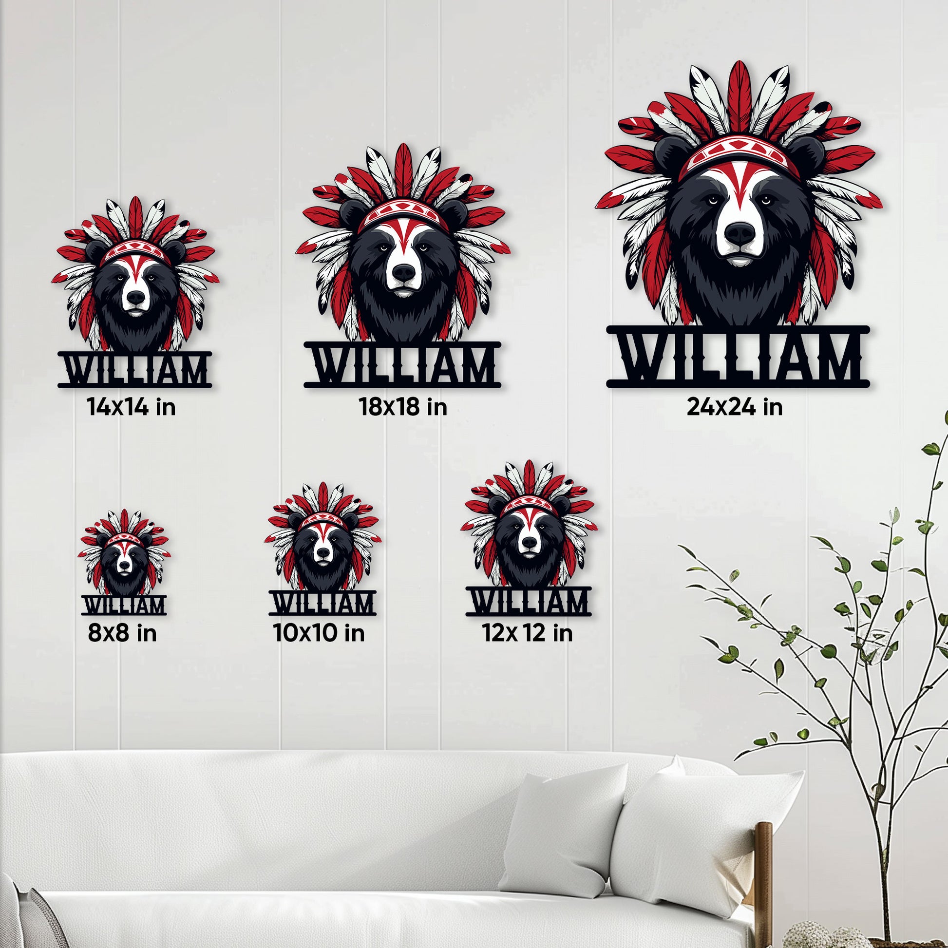 Size guide showing the Native-inspired bear metal sign in six square size options