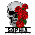 Skull metal sign featuring a dramatic gray skull surrounded by vibrant red roses and green leaves