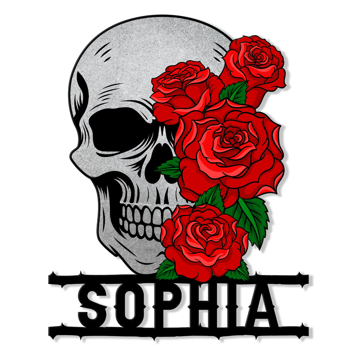 Skull metal sign featuring a dramatic gray skull surrounded by vibrant red roses and green leaves