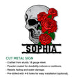 Cut metal skull sign with bold red rose artwork shown in a product feature presentation