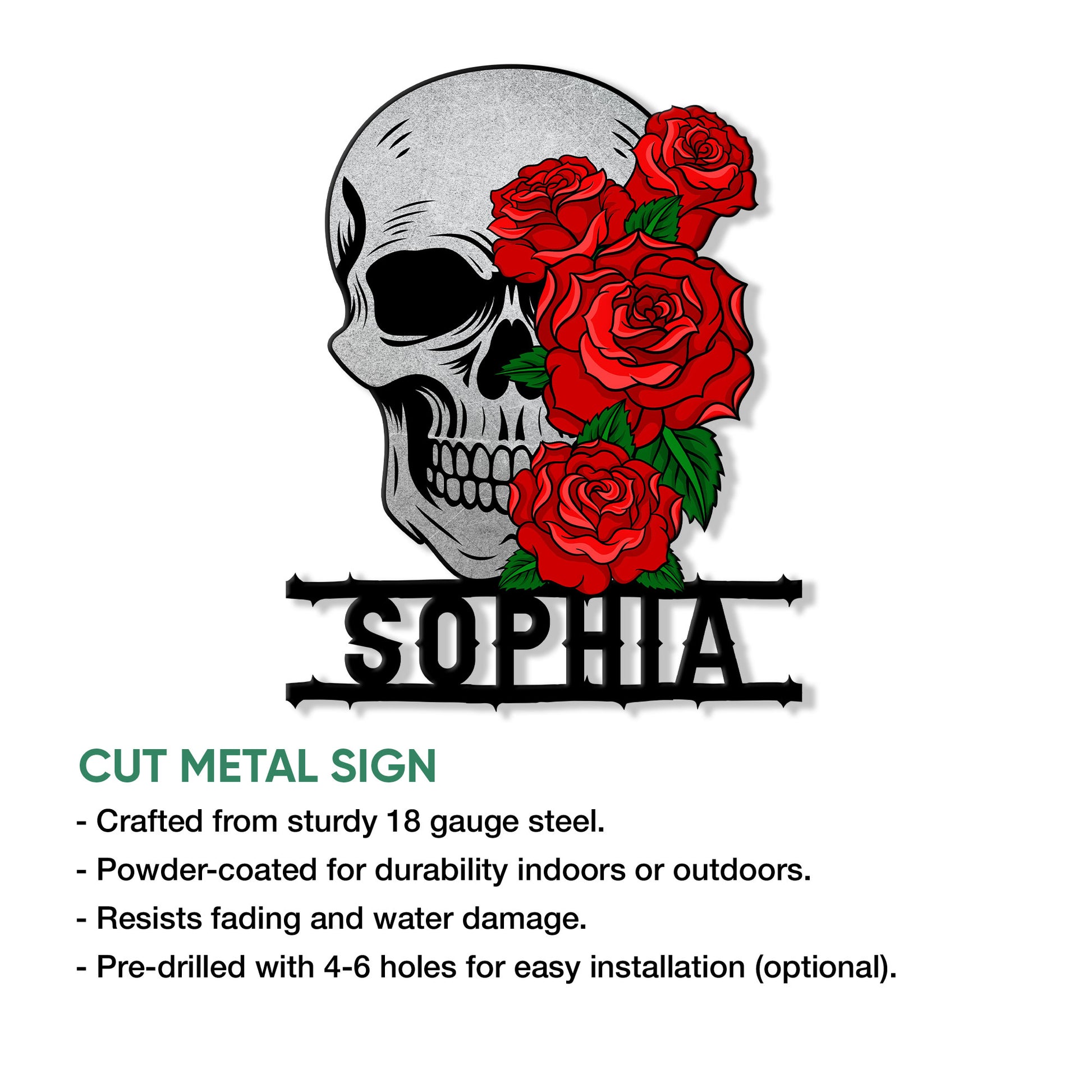 Cut metal skull sign with bold red rose artwork shown in a product feature presentation
