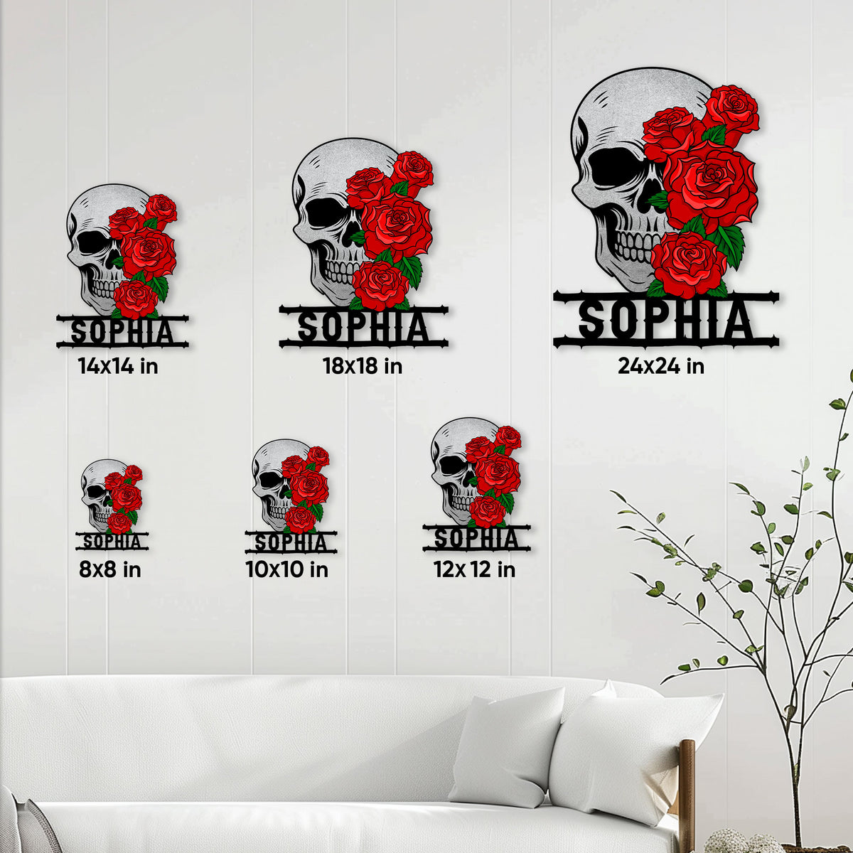 Skull rose metal sign shown in multiple size options on a living room wall