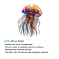 Jellyfish cut metal sign feature graphic showing steel construction, finish, and optional installation holes