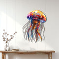 Colorful jellyfish wall sign displayed above a console table in a bright coastal-inspired room