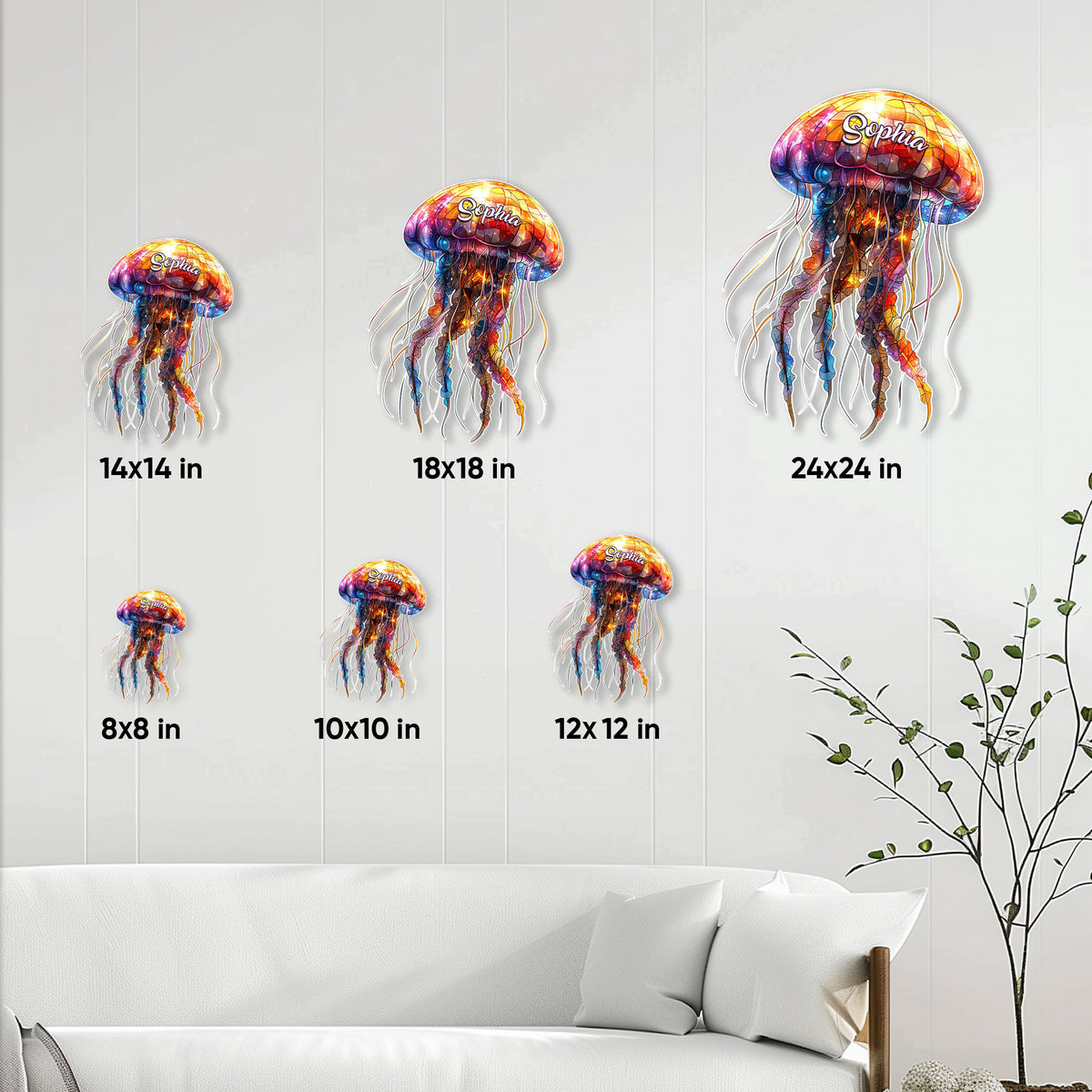 Jellyfish metal sign size guide showing six available square sizes from 8 by 8 to 24 by 24 inches