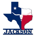 Texas-shaped metal sign with a longhorn skull and red, white, and blue Texas-inspired design
