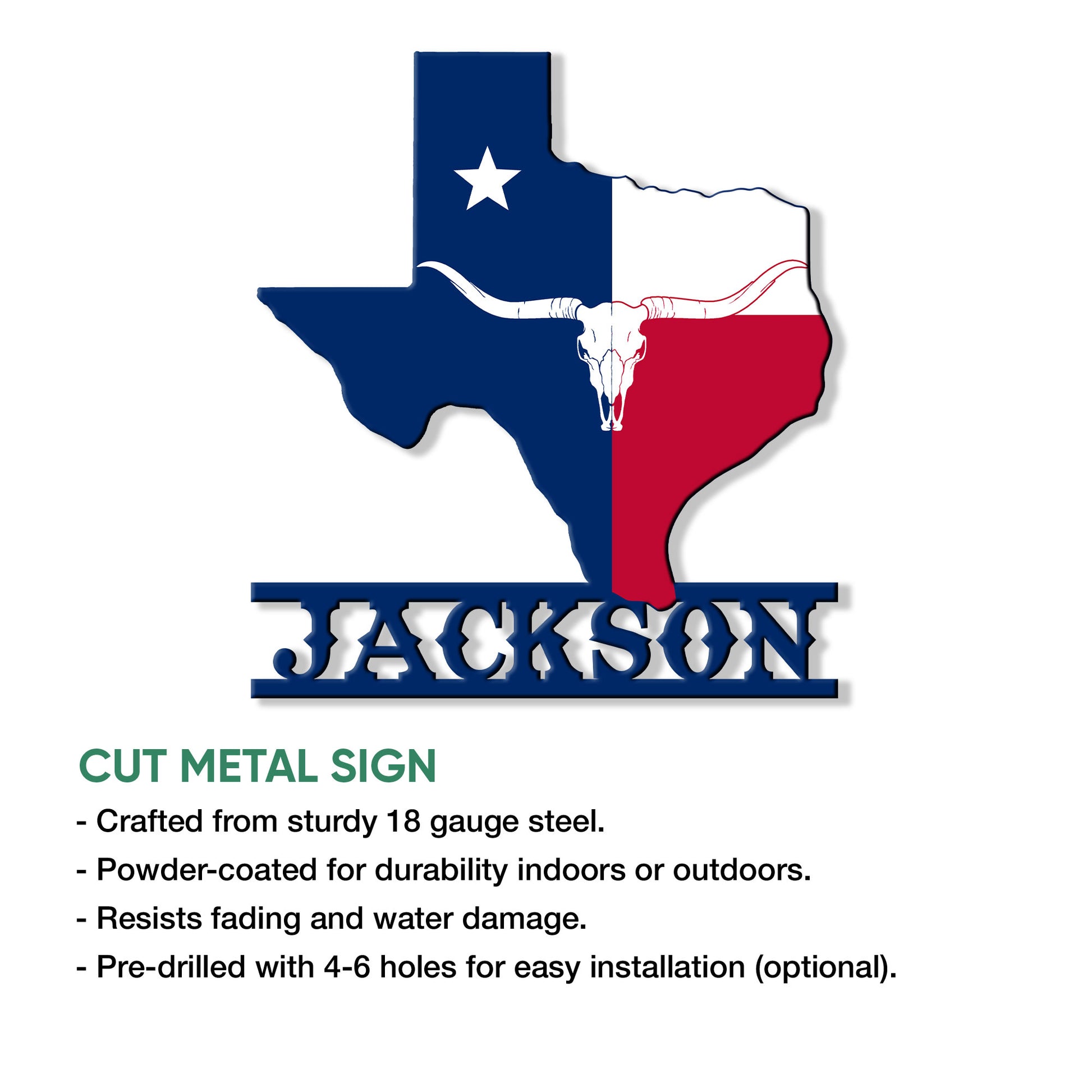 Texas longhorn metal sign shown with a cut-metal sign feature and indoor or outdoor display information
