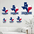 Texas longhorn metal sign size guide showing six square size options in a living room setting