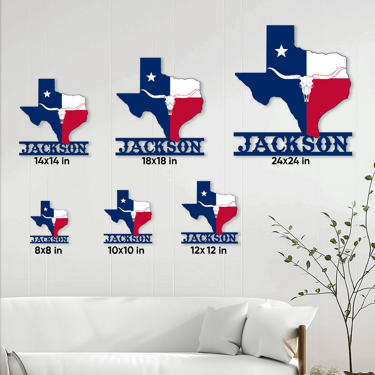 Texas longhorn metal sign size guide showing six square size options in a living room setting