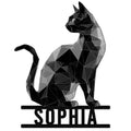 Low-poly black cat metal sign featuring a seated feline silhouette and decorative wall rails