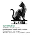 Black cat cut metal sign shown with product feature details and a seated geometric feline design