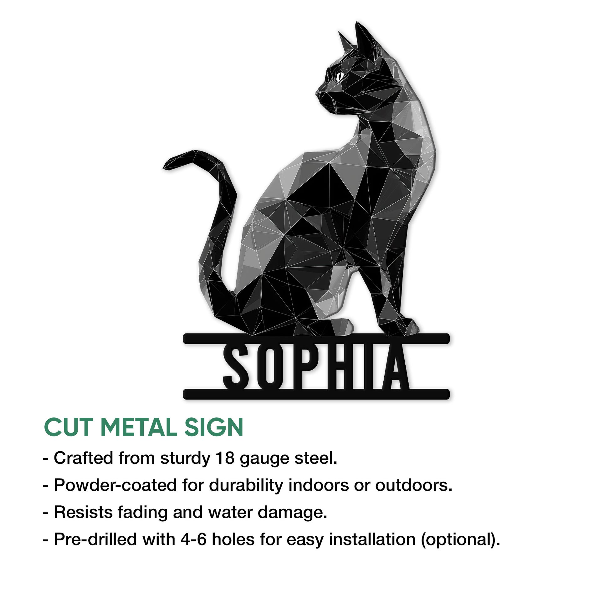 Black cat cut metal sign shown with product feature details and a seated geometric feline design